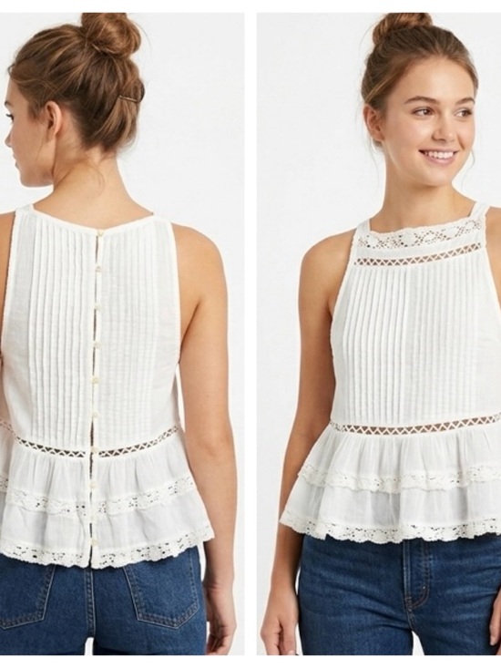 Free People Tops - Free People White Lace Pintuck Sleeveless Peplum Blouse - Size Small